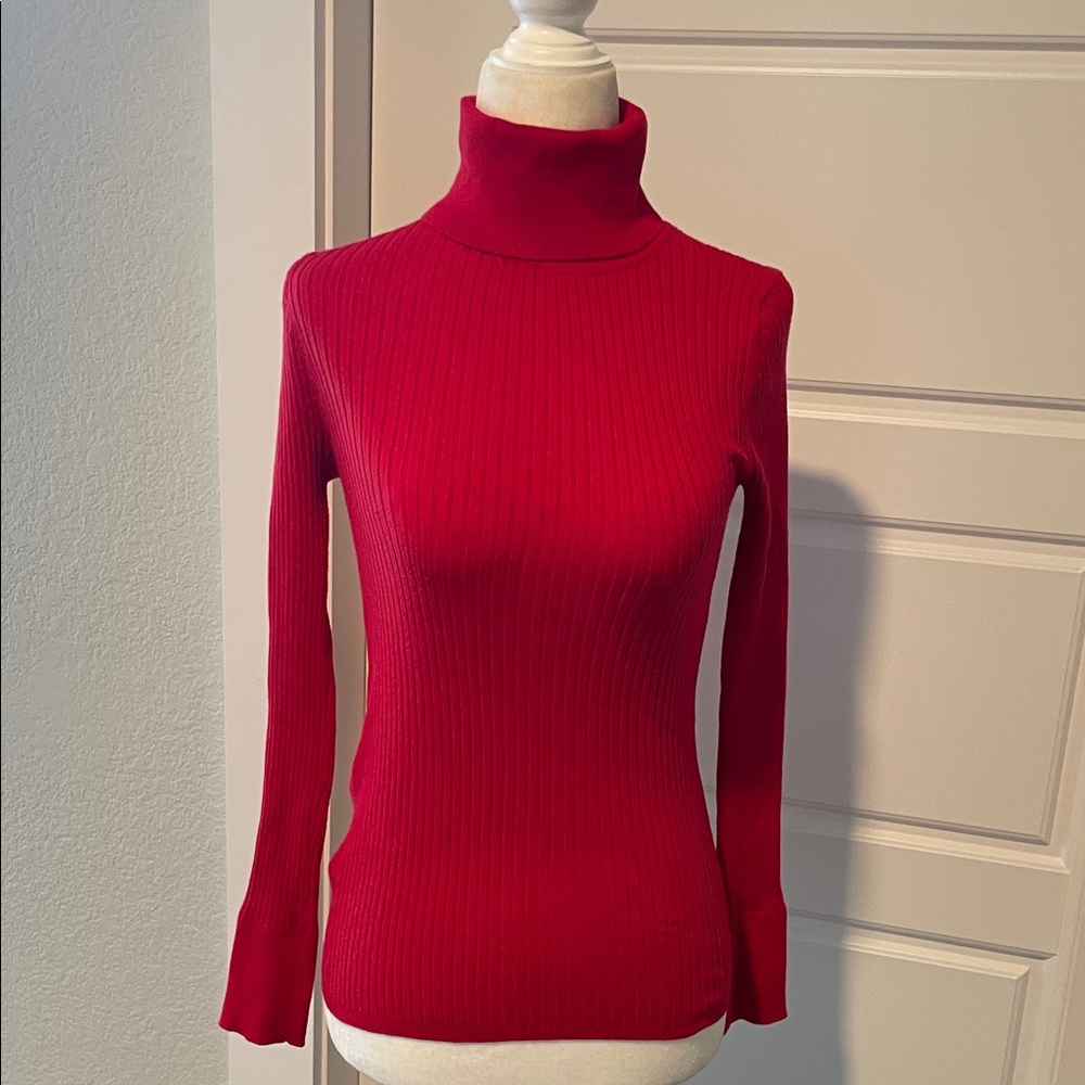 LOFT Woman’s Red Ribbed Fitted Turtleneck with Stretch Size XS